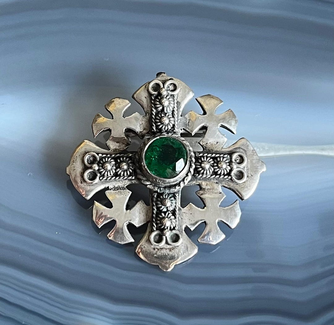 Vintage 985 Sterling Silver Jerusalem Cross Brooch Green Stone - Etsy