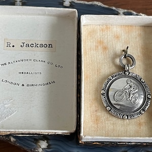 Vintage 1930s Sterling Silver Cycling Medal Pocket Watch Fob Layering Necklace Pendant