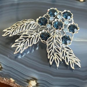 Vintage Mid Century Blau Strass Blumen Brosche
