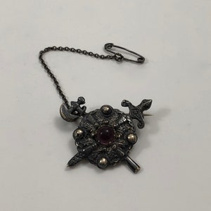 Antique Sterling Silver Scottish Shield Claymore and Battle Ax Brooch