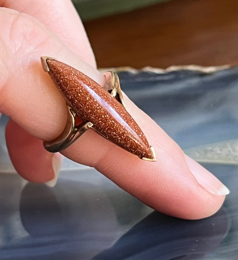 Vintage Antique 10K Gold Long Goldstone Navette Ladies Ring image 9