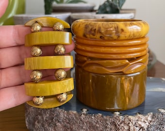 Bracelets joncs empilables en bakélite CHOICE, nuances de vert et de jaune