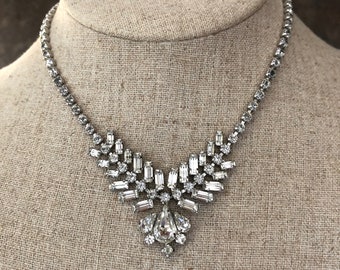 Vintage Mid Century 1950s Sparkling Crystal Rhinestone Bib Necklace