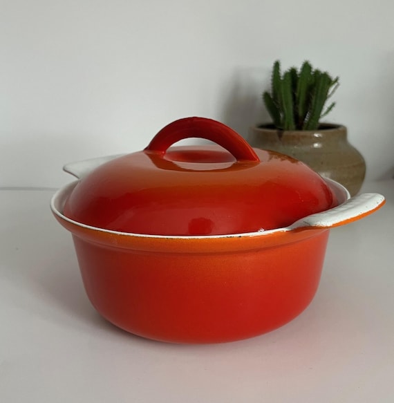 Vintage 1950s Descoware Belgium Cast Iron Orange Enamel Round
