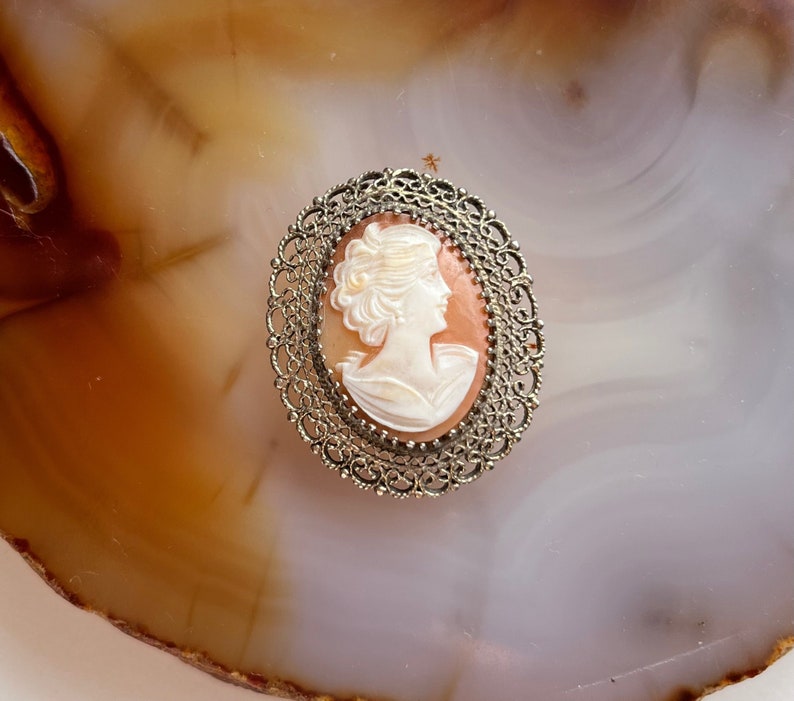 May include: A cameo brooch with a white cameo of a woman's profile set in a silver filigree frame.