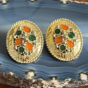 Vintage 1980s Oversize Runway Gold Tone Enamel Clip On Earrings