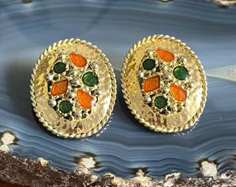 Vintage 1980s Oversize Runway Gold Tone Enamel Clip On Earrings