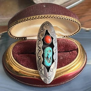 Vintage Mid Century Pawn Silver Turquoise Coral Long Navette Navajo Ring