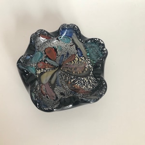 Vintage Mid Century Murano Murrhine Caned Black Art Glass Bowl