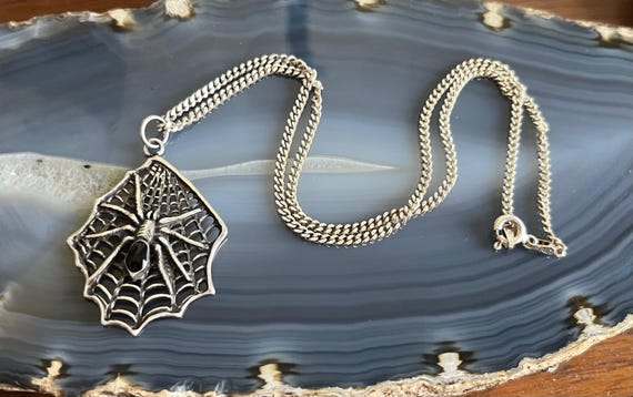 Vintage Sterling Silver Black Onyx Spider & Spider Web Spiderweb