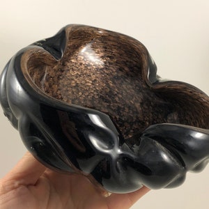 Vintage Mid Century Modern Murano Italy Freeform Black Art Glass Bowl with Copper Aventurine