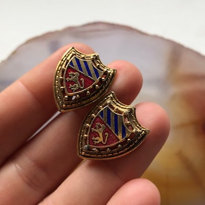 Vintage Gold Tone Screw Back Earrings with Enamel Shield Coat of Arm Armorial Crest