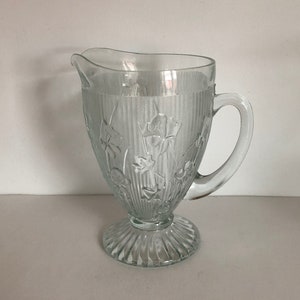 Large and Elegant Vintage 1930s Depression Glass Jeanette Clear Iris and Herringbone Footed Drinks Pitcher
