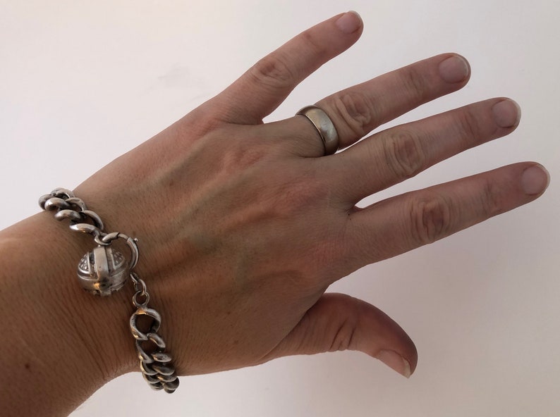 Antique Victorian French Silver Patterned Chain Link Bracelet with Charm Fob