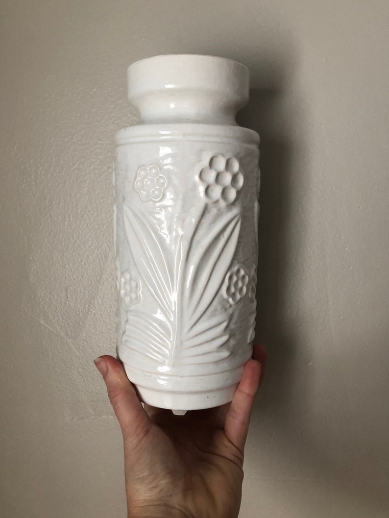 1960s West German Pottery Ilkra Keramik Model 70/23 White Floral Relief Mid Century Vase image 4