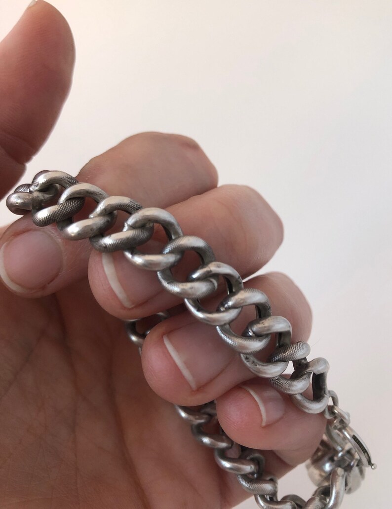 Antique Victorian French Silver Patterned Chain Link Bracelet with Charm Fob