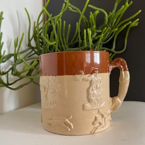 Antique Bourne Denby Brown Hunting Ware Sprigged Stoneware Large Tankard Mug c 1850