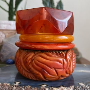 CHOICE Carved Coral and Caramel Bakelite Stacking Bangle Bracelets