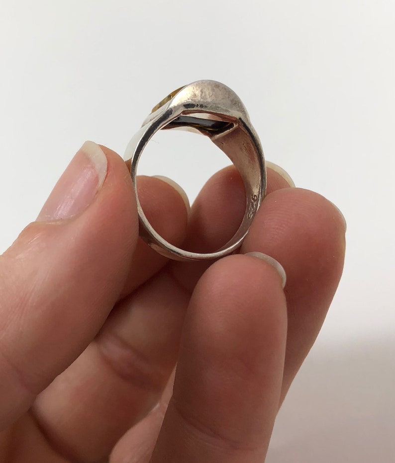 Vintage Sterling Silver Modernist Amber Ring