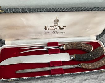 Antique Vintage Stag Antler Handled 3 Piece Carving Knife Fork Sharpener in Case