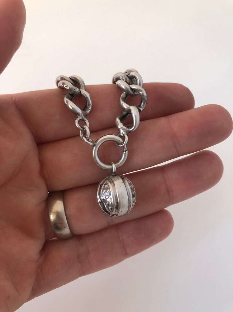 Antique Victorian French Silver Patterned Chain Link Bracelet with Charm Fob