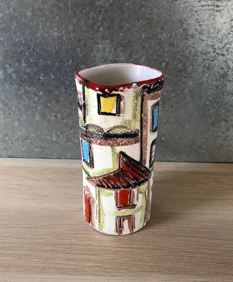 Vintage Mid Century Modern Italian Pottery Sgraffito Cityscape ...