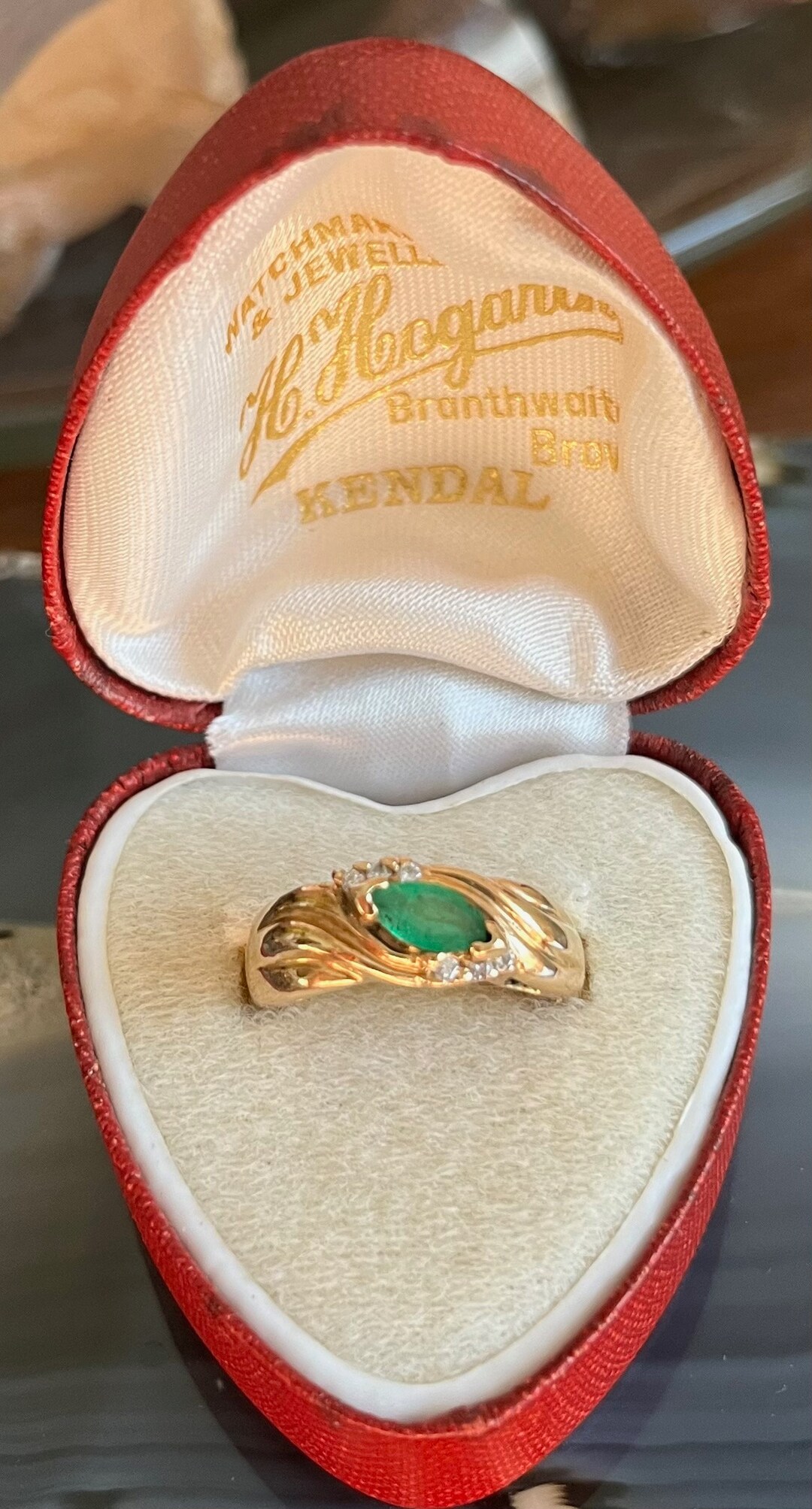 Vintage 14K Yellow Gold Marquise Emerald and Diamond Ladies Ring Band ...