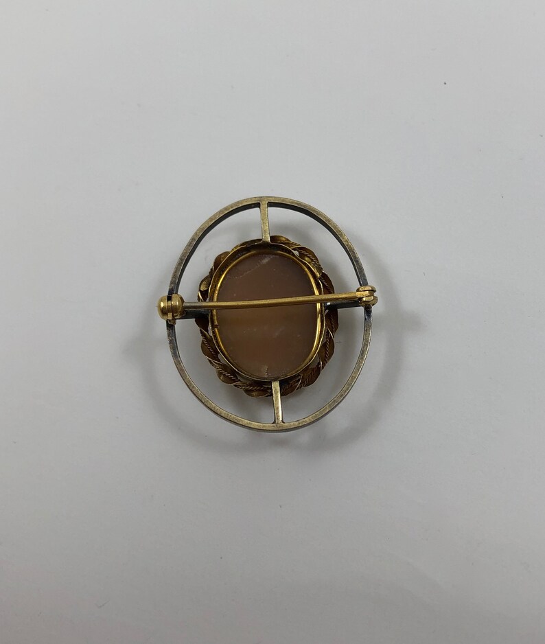 May include: A silver and gold oval brooch with a cameo set in a gold frame. The cameo is a light brown color and has a detailed design.