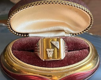 Vintage Art Deco-ring i 10 karat guld med tigeröga diamanter och initialer i art déco-stil, herrsignetring