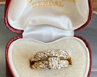 Vintage Mid Century 14K Gold Diamond Engagement and Wedding Ring Bridal Set