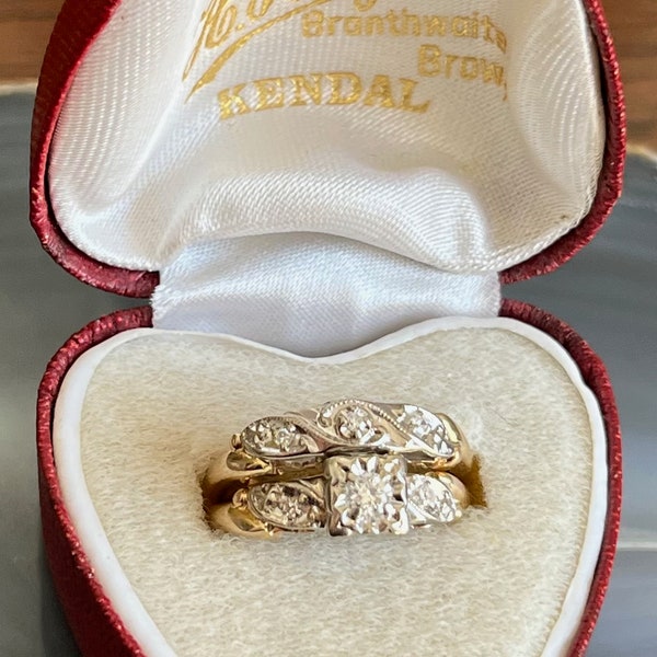 Vintage Mid Century 14K Gold Diamond Engagement and Wedding Ring Bridal Set