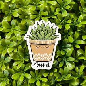 May include: A sticker of a potted succulent with a brown and white patterned pot. The succulent has green leaves and the pot has a cute face. The text "Succ it" is below the pot.