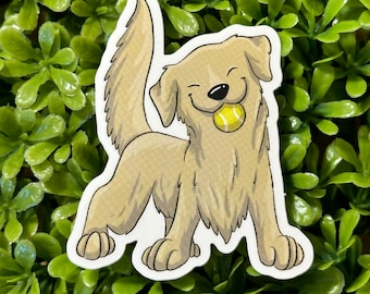 May include: A cartoon illustration of a golden retriever dog with a happy expression, holding a yellow tennis ball in its mouth.