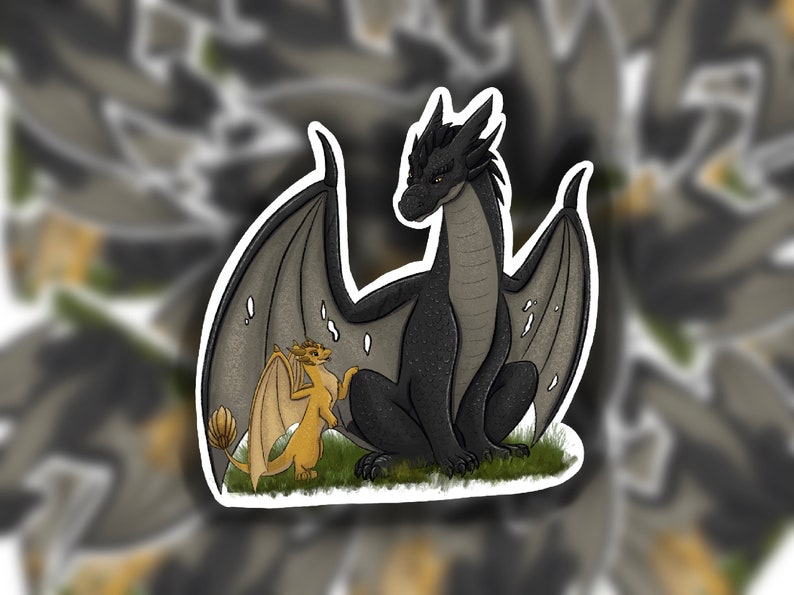 May include: A black dragon with gray wings sits with a smaller, yellow dragon with brown wings. The dragons are on a green grassy surface.