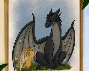 May include: A black dragon with gray wings sits on a grassy patch, looking at a smaller, yellow dragon with orange wings. The background is a light blue watercolor wash.