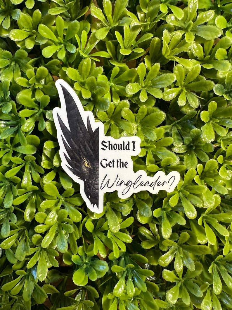 Pu&ograve; includere: Un adesivo bianco e nero con una testa di drago e il testo "Should I Get the Winglender?"