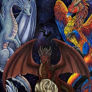 May include: A fantasy painting featuring four dragons against a starry background. A red dragon with large wings is centered, cradling a white egg. A blue dragon and a colorful phoenix are on either side. A dark silhouette falls in the background.