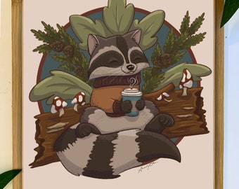 Coffee To Go Print | Coffee Print | Cute Raccoon Illustration | Coffee Bar Decor | Raccoon Print |