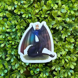 May include: A sticker featuring a black dragon with iridescent wings and a small orange cat sitting on its head.