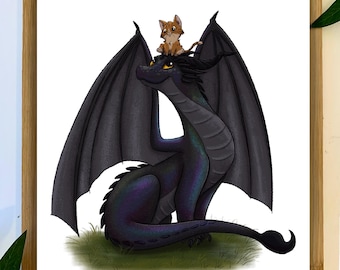 May include: A black dragon with iridescent scales sits on a grassy patch with a small orange tabby cat perched on its head.