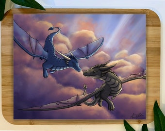 May include: Two dragons fly in a cloudy sky. The dragon on the left is blue with a long tail and wings. The dragon on the right is gray with a shorter tail and wings. The sky is a mix of purple, pink, and orange.