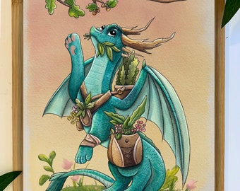 Fern the Forager Dragon Print | Fantasy Decor | Wall Decor | Dragon Print | Watercolor Illustration |