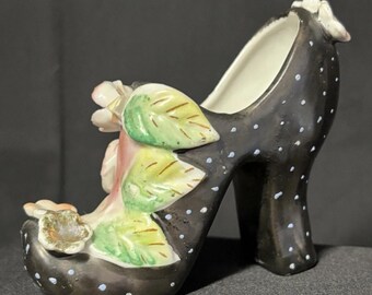 Porcelain High Heel Shoe Polka Dots and Flowers Japan SIGNED Grandma Sherman Occupied Japan