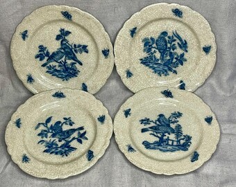 Set of 4 Vintage United Wilson Blue And White Chinoiserie Decorative Plates, Bird & Butterfly Motif, Crackle Glaze Aesthetic Porcelain
