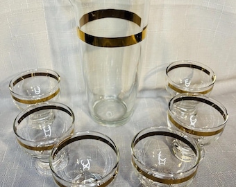 MCM Gold Rimmed Cocktail Pitcher & Glasses
