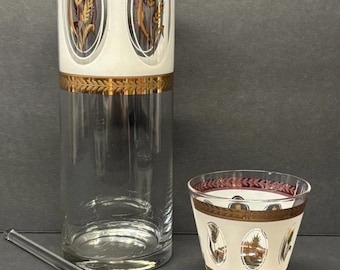 MCM 3 pc Brockway Glass Co. 22k Golden Wheat Frosted Cocktail Pitcher, Stir and Lowball Glass1950s