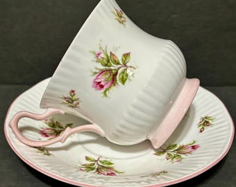 Vintage Royal Dover Teacup and Saucer Set Pink Roses & Fine Bone China Made in England Bulbous Fluted Shape