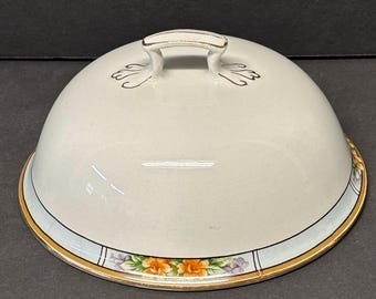 Antique JG Meakin "Nebraska" Pattern Butter Dish Lid Replacement Dome Blue Border with Yellow & Purple Flowers Made in England Circa 1920’s