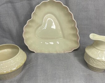 Vintage Belleek Irish Porcelain Creamer and Sugar Set with Scalloped Heart Trinket Bowl