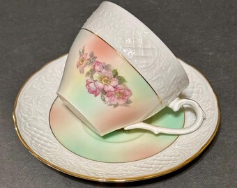 Antique Schumann Bavaria  Embossed "Wild Rose Blush" Teacup & Saucer Set c. 1930’s